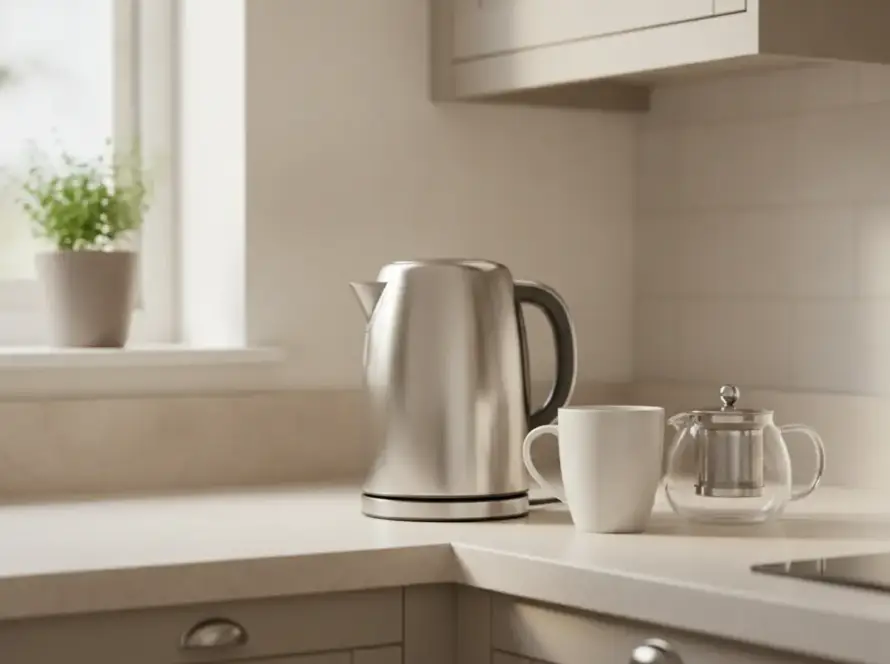 Bouilloire électrique en inox brossé posée sur un plan de travail clair, à côté d'une tasse et d'une théière en verre