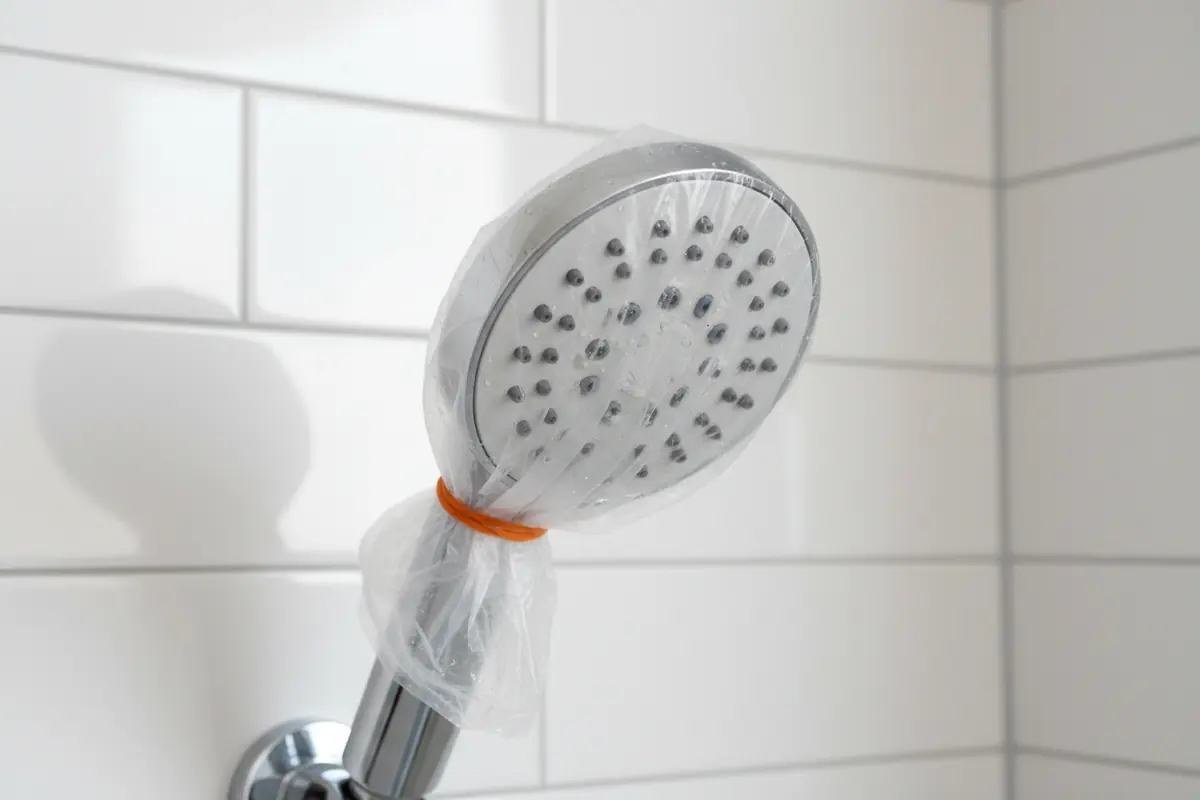 Enlever le calcaire : un pommeau de douche enveloppé dans un sac transparent de vinaigre blanc, fermé par un élastique orange