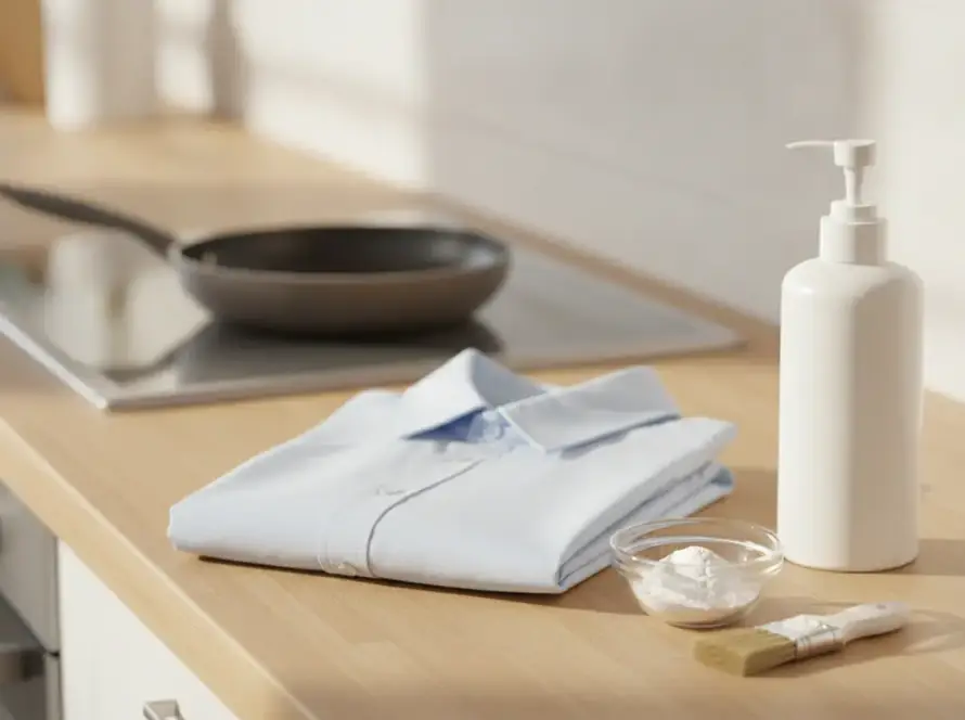 Chemise bleu clair pliée sur un plan de travail, à côté d'un bol de talc, d'une petite brosse et d'un flacon de liquide vaisselle