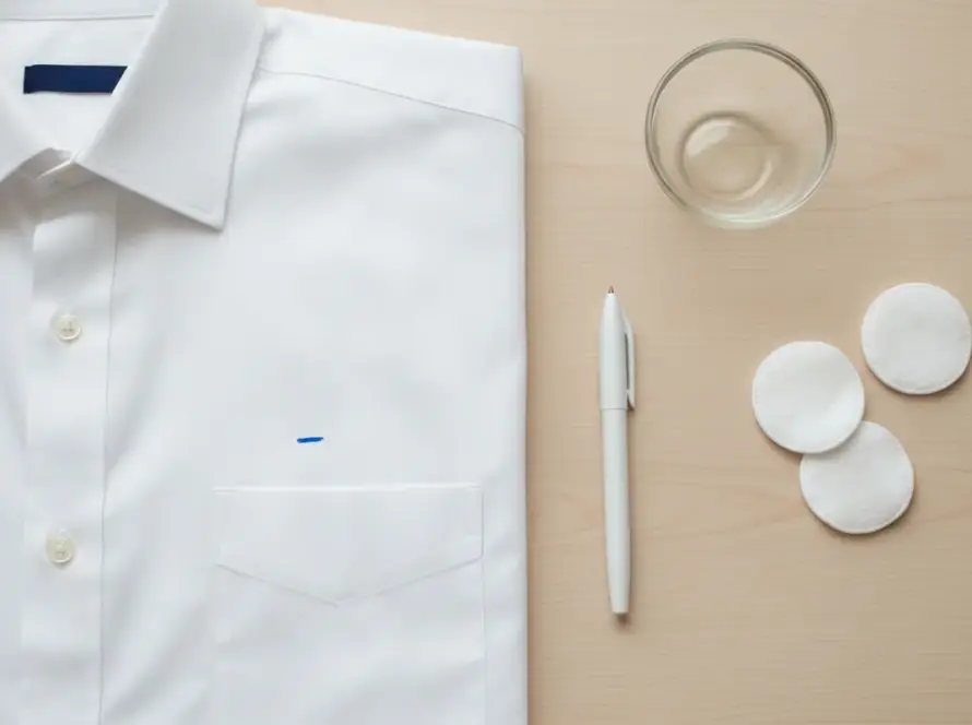 Chemise blanche avec un trait de stylo bille bleu sous la poche, à côté d'un stylo et de cotons