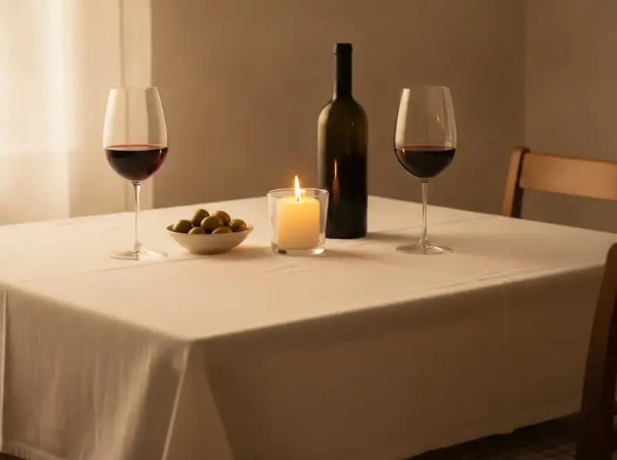 Table dressée d'une nappe en lin blanc impeccable, avec deux verres de vin rouge et une bougie