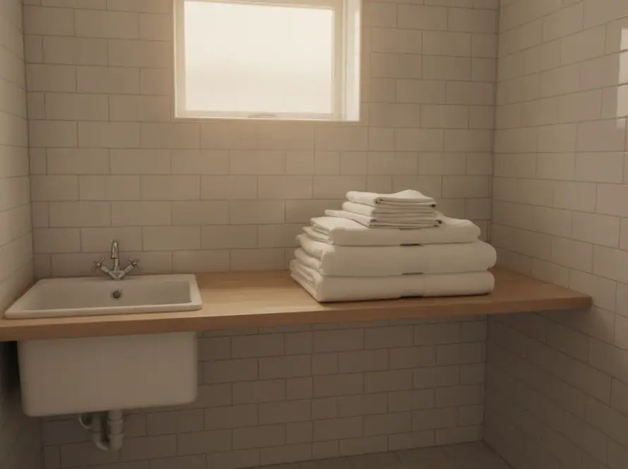 Linge blanc en coton plié sur le plan de travail d'une buanderie carrelée, à côté d'un évier