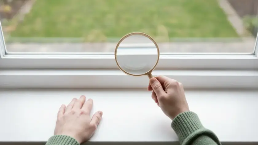 Une main tient une loupe devant une fenêtre, l’autre posée sur le rebord blanc, dans une maison claire
