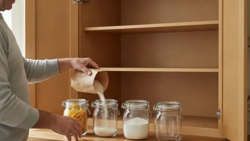 Placard de cuisine vidé, et un homme qui verse du riz dans un bocal en verre à joint, à côté de pâtes et de farine déjà en bocaux