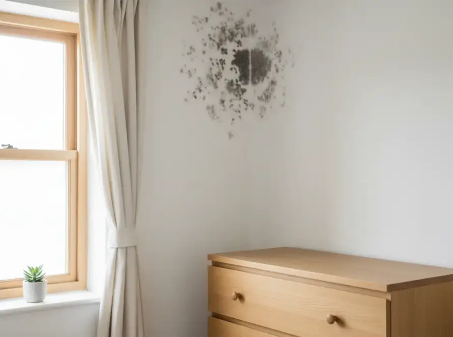 Angle de chambre avec des taches de moisissure noire sur le mur, près de la fenêtre