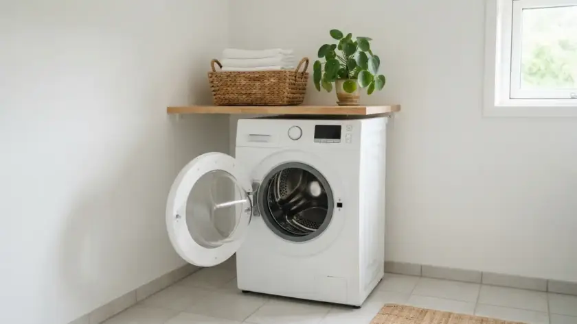 Buanderie claire avec une machine à laver blanche au hublot ouvert, sous un plan de travail en bois