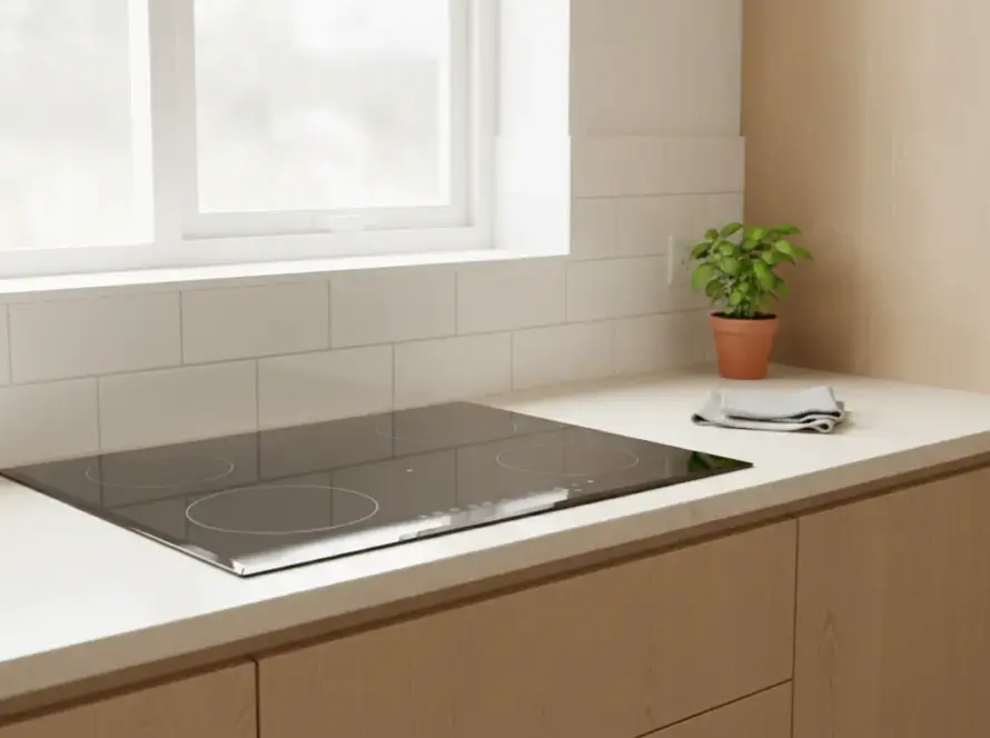 Plaque à induction noire, propre et brillante, encastrée dans un plan de travail clair