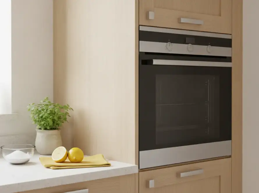 Four encastré propre dans une cuisine claire, avec un bol de bicarbonate et un chiffon jaune sur le plan de travail