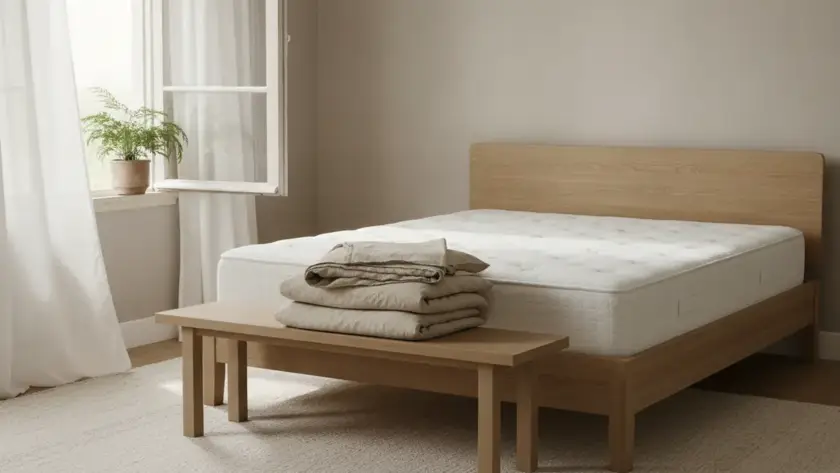 Matelas blanc mis à nu sur un lit en chêne, la literie pliée au pied du lit et la fenêtre ouverte
