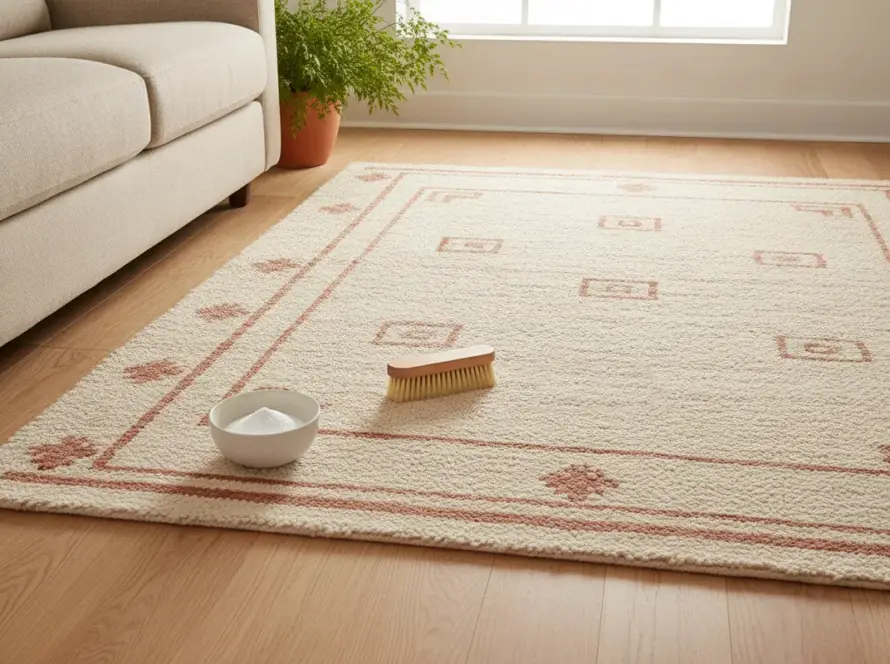 Tapis en laine crème et terracotta dans un salon lumineux, avec un bol de bicarbonate et une brosse