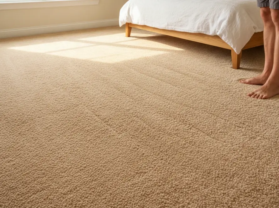 Moquette beige propre dans une chambre lumineuse, velours relevé après le nettoyage
