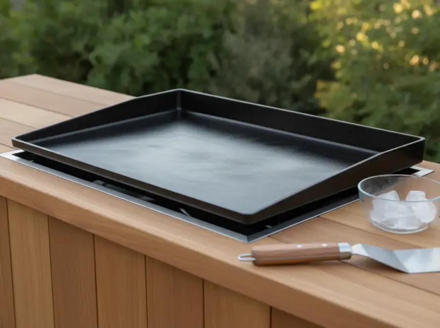 Plancha en fonte émaillée propre sur une terrasse, avec un racloir en inox et un bol de glaçons