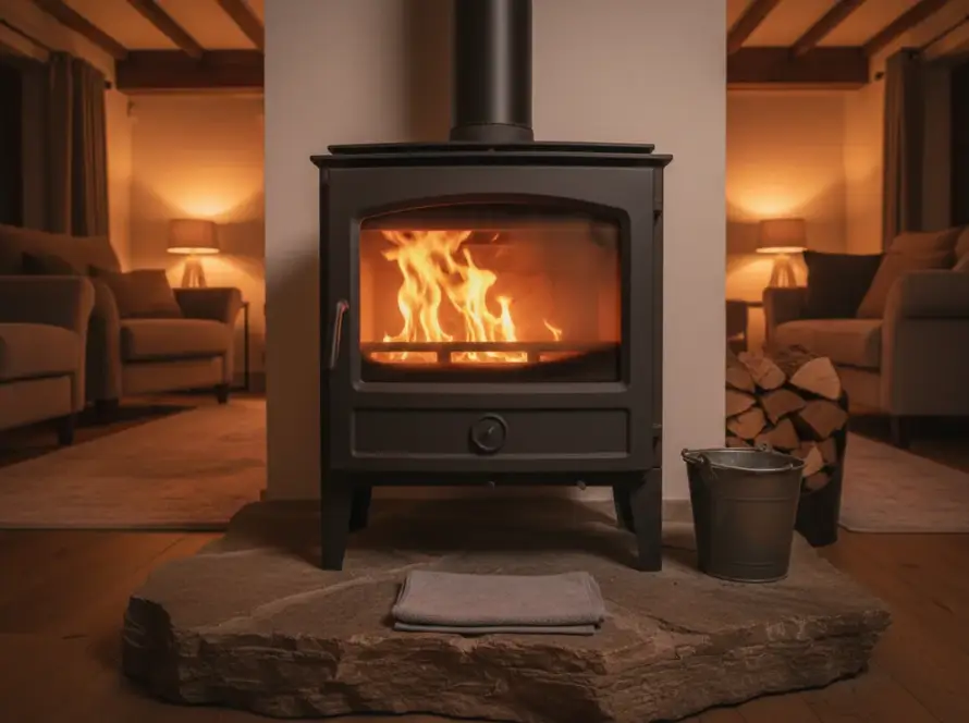 Poêle à bois en fonte allumé, vitre claire laissant voir les flammes, chiffon plié et seau à cendres sur l'âtre en pierre