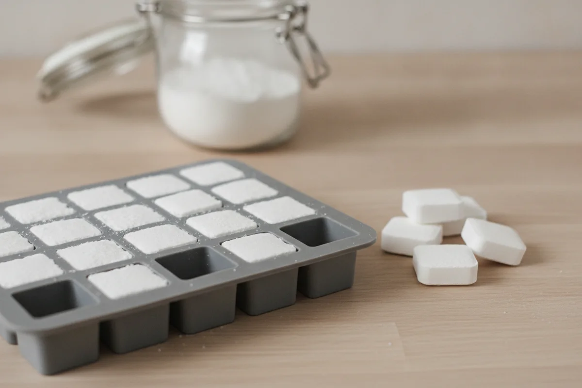 Produit lave-vaisselle maison en pastilles : des pastilles blanches séchées dans un moule en silicone, à côté d’un bocal en verre
