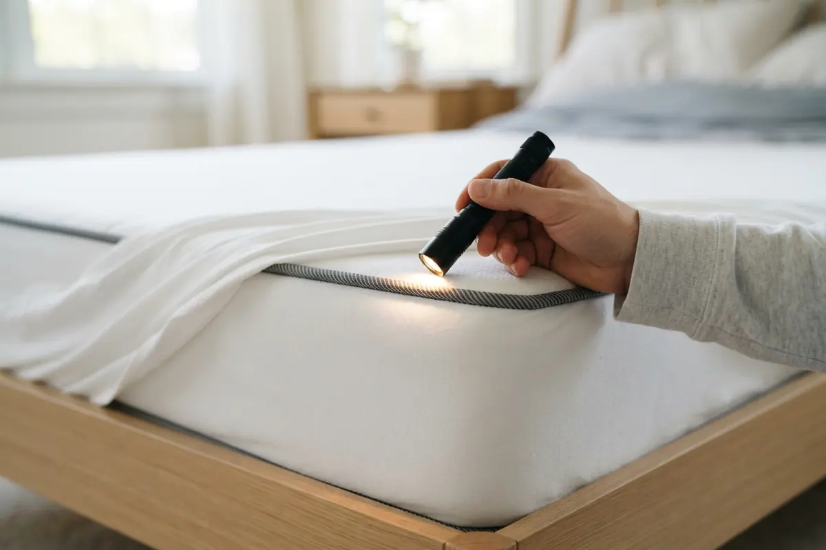 Punaise de lit : une main tient une lampe de poche au-dessus de la couture d’un matelas blanc pour inspecter les recoins