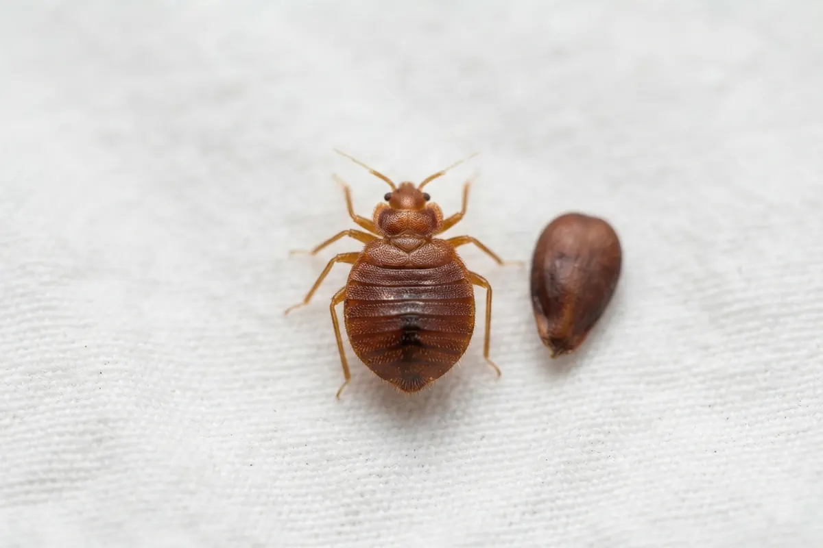 Punaise de lit adulte, brune, plate et ovale, posée sur un drap blanc à côté d’un pépin de pomme de la même taille