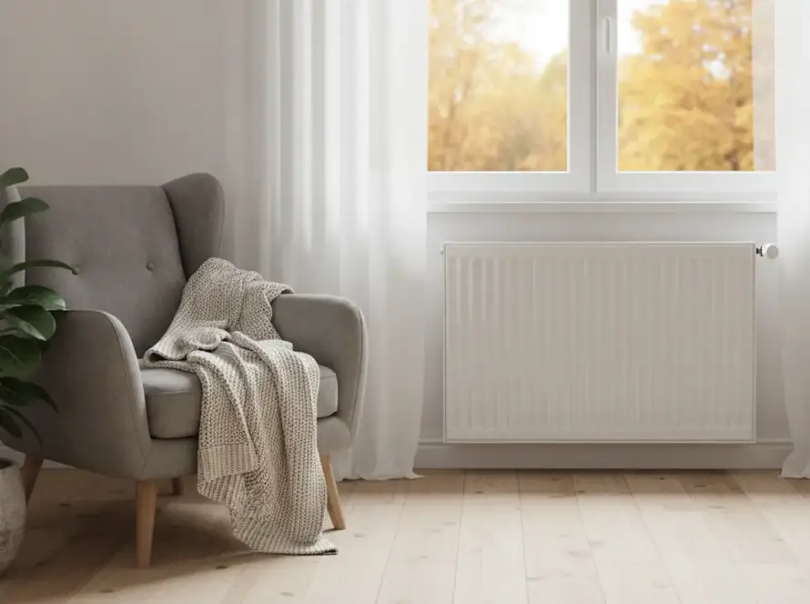 Radiateur blanc sous une fenêtre dans un salon chaleureux en automne