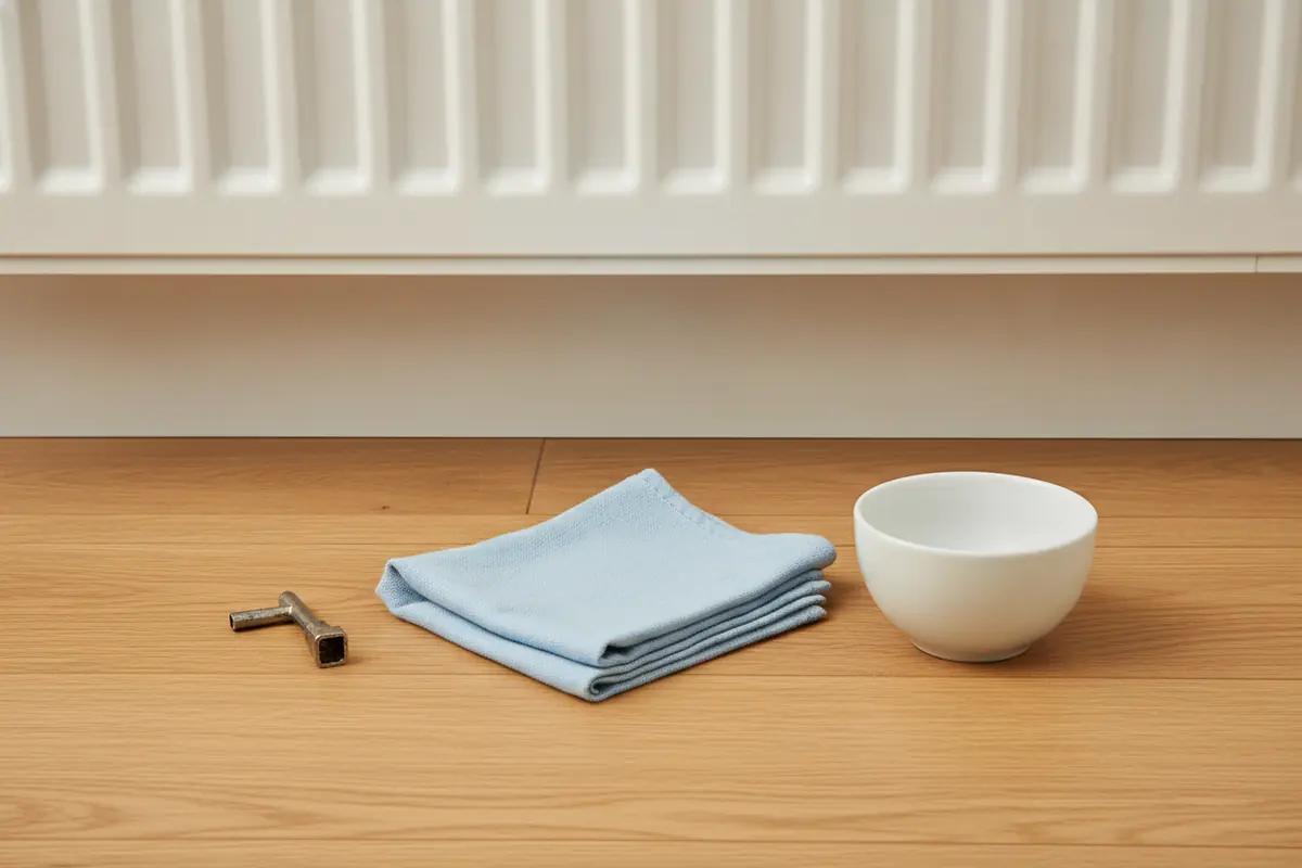 Purger un radiateur : une clé de purge, un chiffon bleu et un petit bol blanc posés au pied d’un radiateur