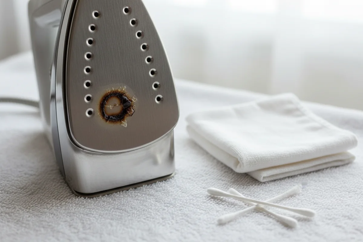 Nettoyer un fer à repasser : semelle avec une tache de tissu brûlé, à côté d’un chiffon et de cotons-tiges