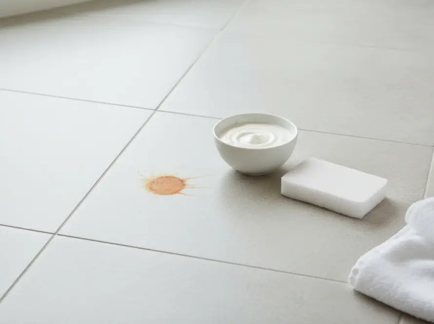 Tache de rouille orangée sur un carrelage gris clair de salle de bain, à côté d'un bol de pâte blanche et d'une éponge