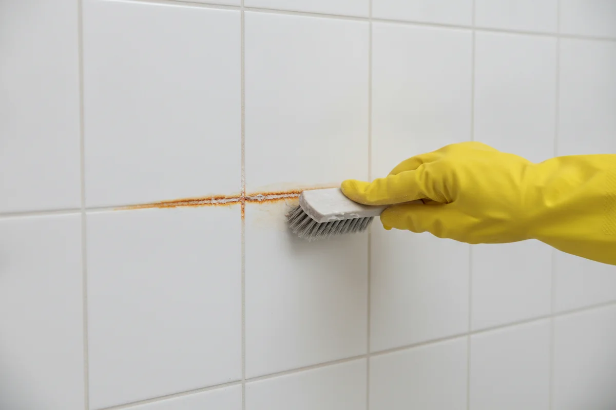 Tache de rouille sur carrelage blanc de salle de bain : une main gantée de jaune brosse un joint roussi avec une petite brosse