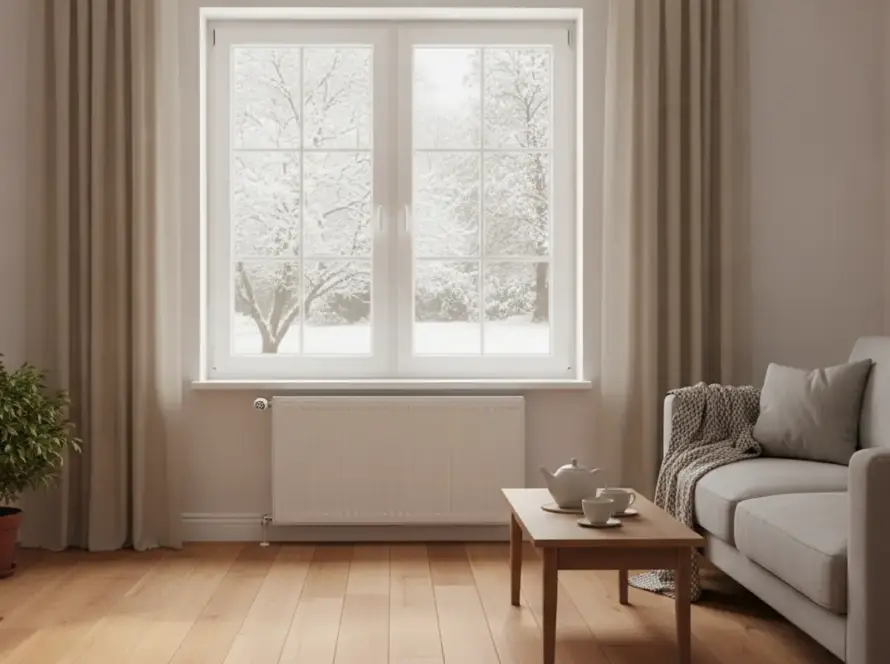 Salon chaleureux en hiver avec un radiateur sous une grande fenêtre donnant sur un jardin enneigé
